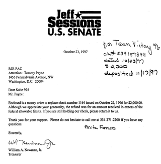 Letter from the US Senate campaign for Jeff Sessions sending back money in October of 1997 that it had received in October of 1996 to get elected (UC-SF Tobacco Industry Documents archive)